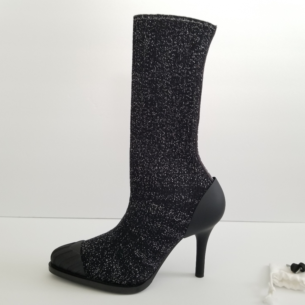 Chloe Lurex Knitted High Heel Elastic Sock Ankle Boots Size 36 Black Sil… - Picture 6 of 14